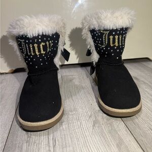 Juicy Couture toddler  Faux Fur Black Boots with  bow and Gold Accents